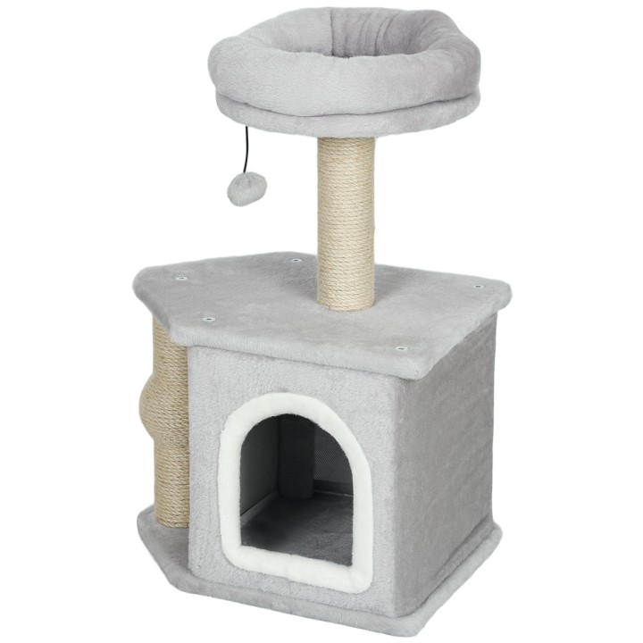 PawHut Katzenbaum, Spielzeugturm für Katzen, 66 cm hoch, mit Kratzsäulen aus Jute, Katzenbett-Haus, Plattform, Spielball, Hel