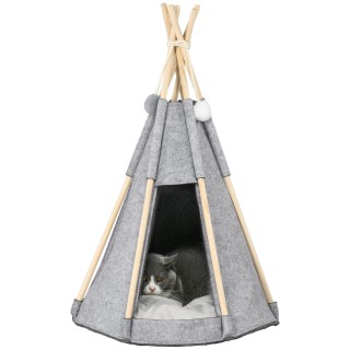 PawHut Tipi Zelt für Haustiere - Teepee Katze oder Hund - dicker Kissen für maximalen Komfort 2 Pompons inklusive - Holzstruk