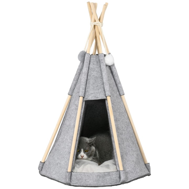PawHut Tipi Zelt für Haustiere - Teepee Katze oder Hund - dicker Kissen für maximalen Komfort 2 Pompons inklusive - Holzstruk