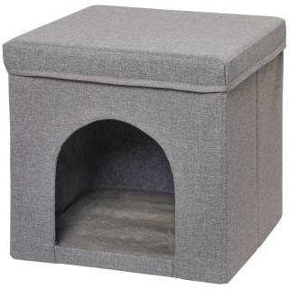PawHut Katzenhaus Versteck Würfel falten mit Kratzbrett weiche Plüschkissen Leinen-Optik-Stoff 36,5 x 36,5 x 36,5 cm Grau   A