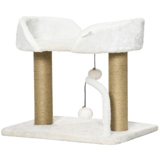 PawHut Design Kratzbaum mit Spielzeug 2 hängende Bommel 2 Sisalstämmen + Plattform aus Plüsch - 48 x 38 x 42 cm - Sisal Beige