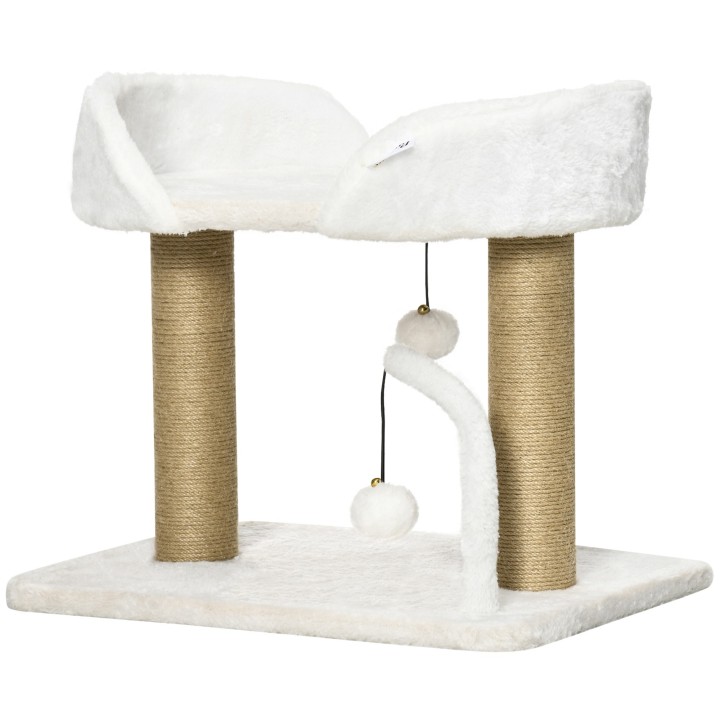 PawHut Design Kratzbaum mit Spielzeug 2 hängende Bommel 2 Sisalstämmen + Plattform aus Plüsch - 48 x 38 x 42 cm - Sisal Beige