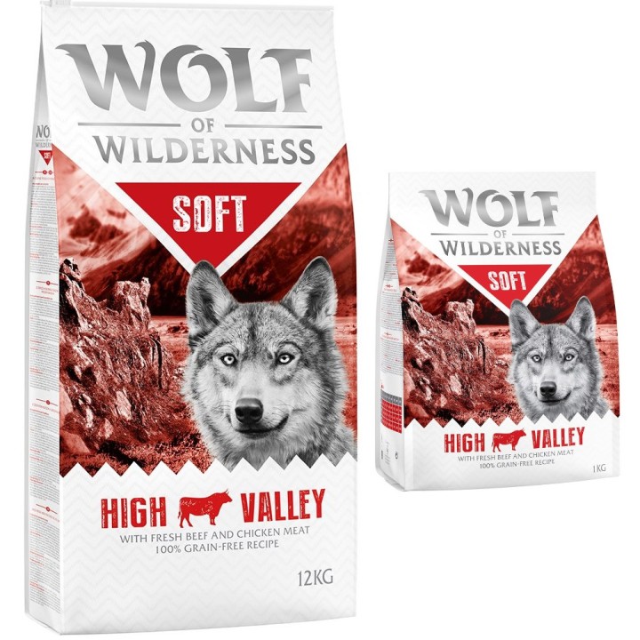 12 + 1 kg gratis! 13 kg Wolf of Wilderness Trockenfutter "Soft - High Valley" - Rind (halbfeucht)