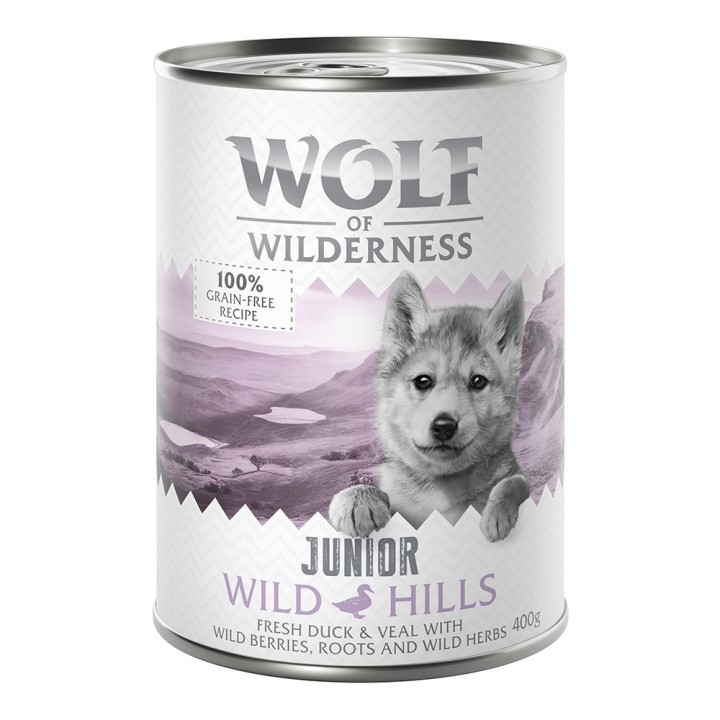 Bis zu 15% Rabatt: Wolf of Wilderness 6 x 400 g  - JUNIOR Wild Hills - Ente & Kalb