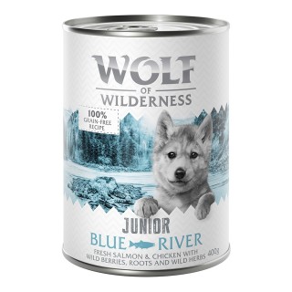 Bis zu 15% Rabatt: Wolf of Wilderness 6 x 400 g  - JUNIOR Blue River - Huhn & Lachs