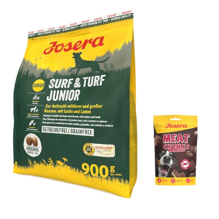 900 g Josera + 70 g Meat Chunks mit Rind gratis! - Surf & Turf Junior mit Lachs & Lamm
