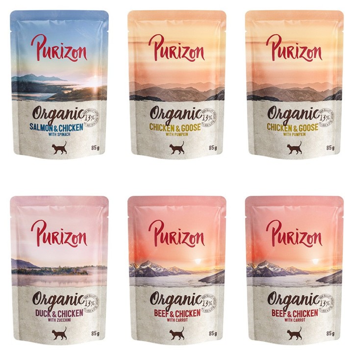 24 x 70 / 85 g Purizon Katzenfutter zum Sonderpreis!  - Organic: Mix (8 x Huhn, 8 x Rind, 4 x Lachs, 4 x Ente) (24 x 85 g)