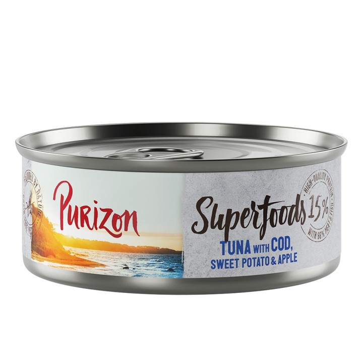 24 x 70 / 85 g Purizon Katzenfutter zum Sonderpreis!  - Superfoods: Thunfisch mit Kabeljau, Süßkartoffel und Apfel (24 x 70 g