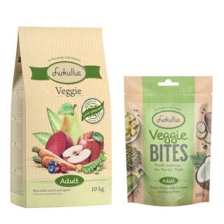 Lukullus Kombi-Paket: Kaltgepresst Veggie Trockenfutter + Veggie Bites Snack - 10 kg Kaltgepresst Veggie + 3 x 100 g Veggie B