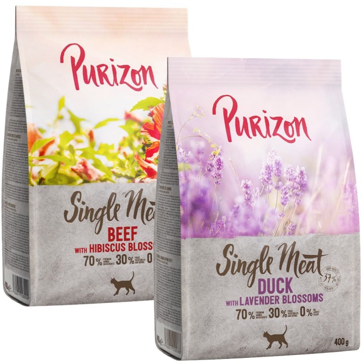 Probiermix Purizon 2 x 400 g  - Single Meat Mix: Rind mit Hibiskusblüten + Ente  mit Lavenderblüten
