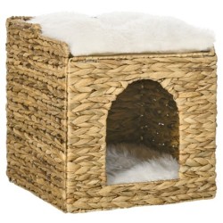 PawHut Rattan Katzenhöhle 2-Ebenen Kissen Wasserhyazinthe Braun bis 5kg   Aosom