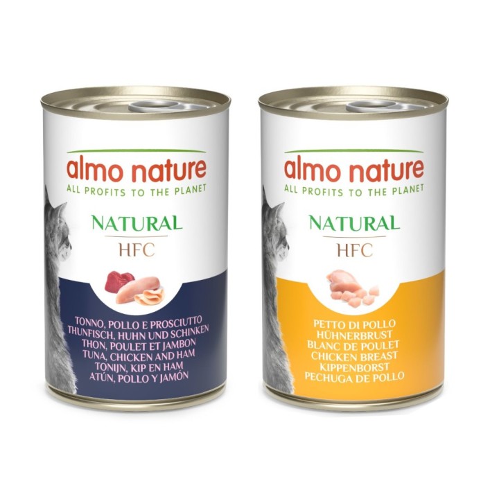 Sparpaket Almo Nature HFC Natural 12 x 140 g - Mixpaket (Hühnerbrust & Thunfisch/Huhn/Schinken)