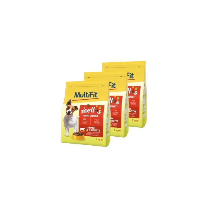 MultiFit Mellos Trockenfutter Hund Adult, Mini, Rind und Karotten 3x1 kg