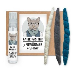 Kater Kasimir 3 Filzwürmchen (handgerollt) aus Schurwolle + 1 Mini-Flasche Katzenminze-Spray