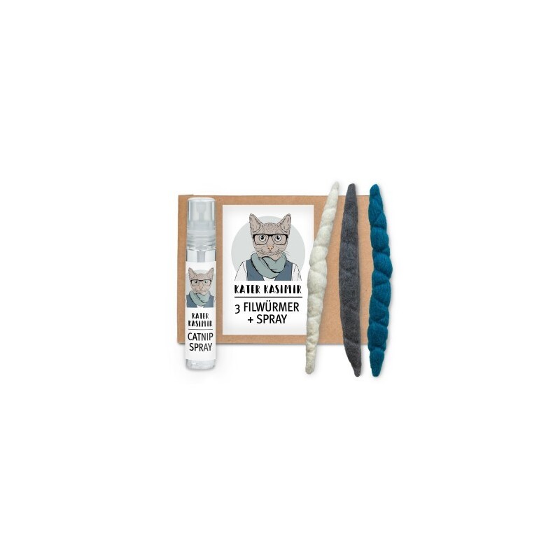 Kater Kasimir 3 Filzwürmchen (handgerollt) aus Schurwolle + 1 Mini-Flasche Katzenminze-Spray