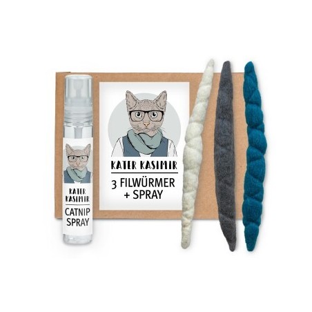 Kater Kasimir 3 Filzwürmchen (handgerollt) aus Schurwolle + 1 Mini-Flasche Katzenminze-Spray