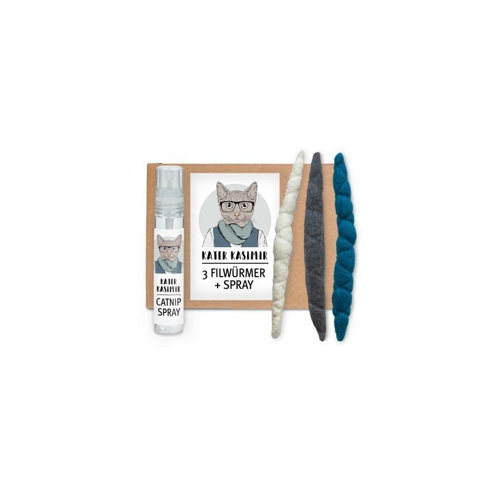 Kater Kasimir 3 Filzwürmchen (handgerollt) aus Schurwolle + 1 Mini-Flasche Katzenminze-Spray