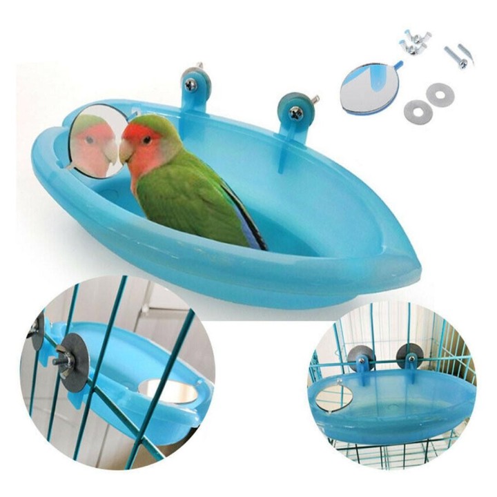 Ramidos Kleine ovale Vogelbadewanne, Haustierkäfig-Zubehör, Spielzeug mit Vogelspiegel One Size blau