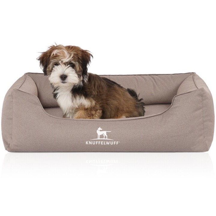 Knuffelwuff Orthopädisches Wasserabweisendes Hundebett Leon aus Velours mit Handwebcharakter beige/ grau M-L