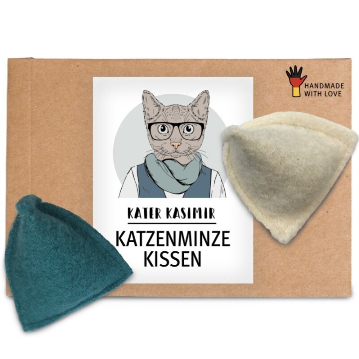 Kater Kasimir Spielkissen mit Katzenminze, 2er Set. Reiner Wollfilz vom Schaf