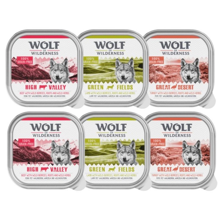 Wolf of Wilderness Adult - Single Protein 6 / 24 x 300 g Schale  - 6 x 300 g: Mixpaket: Rind, Pute, Lamm