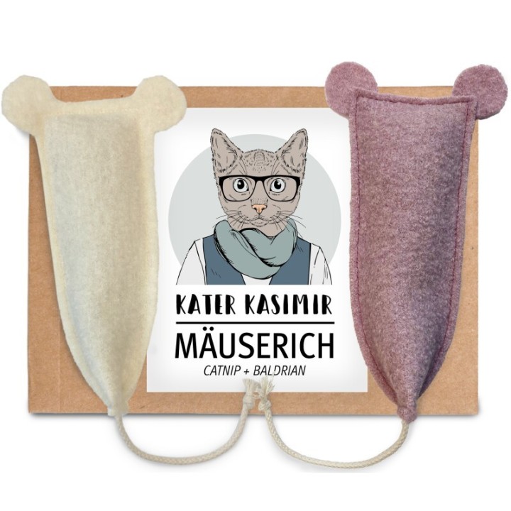 Kater Kasimir 2 x MÄUSERICH - Die XL Spielmaus, handgenäht aus echtem Wollfilz mit Katzenminze- und Baldrianwurzel-Füllung