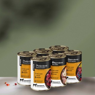 ALPHAZOO Probierschmaus 6 x 400g, Nassfutter Probierpaket (Rind, Huhn, Pferd) für Hunde