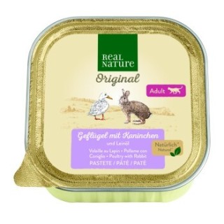 REAL NATURE Original Nassfutter für Katzen Adult 16x100 g Geflügel mit Kaninchen und Leinöl, Paté / Pastete/ Mousse