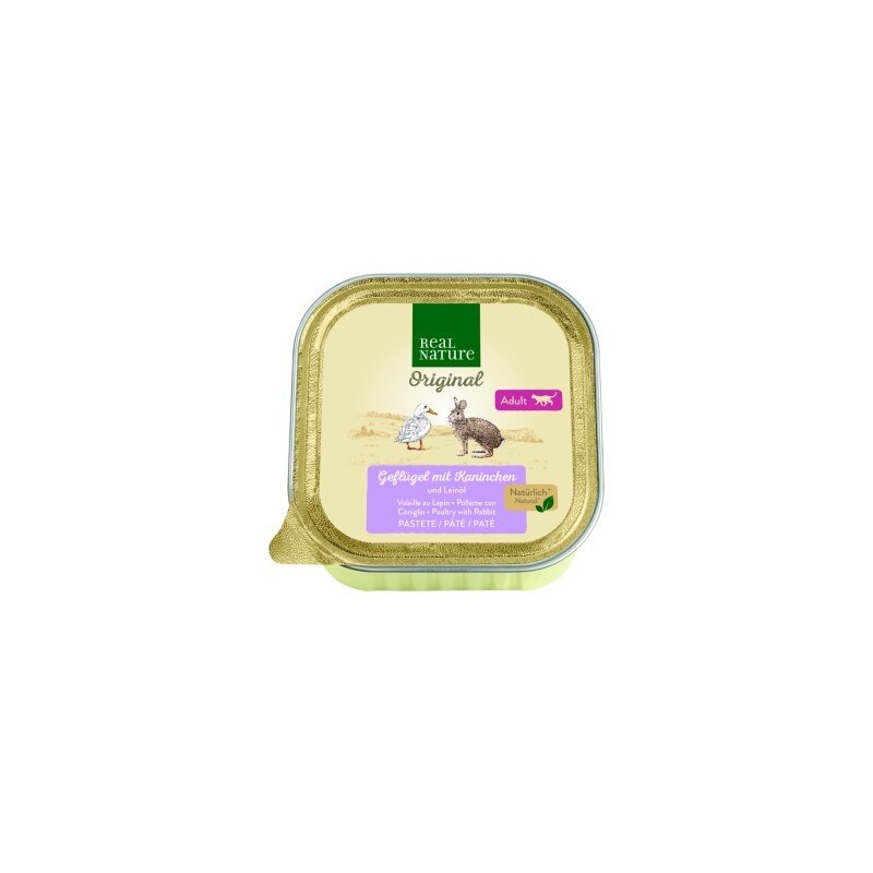 REAL NATURE Original Nassfutter für Katzen Adult 16x100 g Geflügel mit Kaninchen und Leinöl, Paté / Pastete/ Mousse