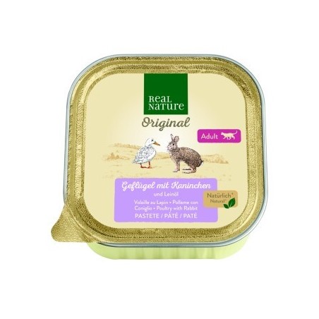 REAL NATURE Original Nassfutter für Katzen Adult 16x100 g Geflügel mit Kaninchen und Leinöl, Paté / Pastete/ Mousse