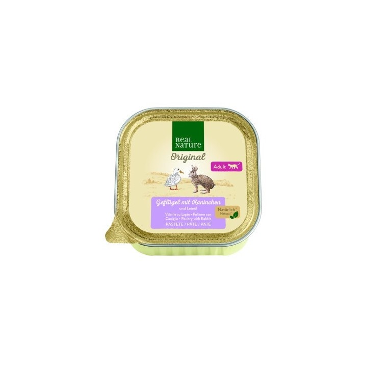 REAL NATURE Original Nassfutter für Katzen Adult 16x100 g Geflügel mit Kaninchen und Leinöl, Paté / Pastete/ Mousse