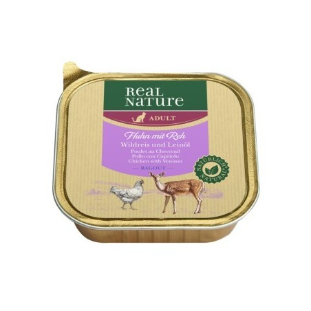 REAL NATURE Original Nassfutter für Katzen Adult 16x100 g Huhn mit Reh, Wildreis und Leinöl, Ragout
