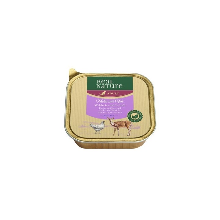 REAL NATURE Original Nassfutter für Katzen Adult 16x100 g Huhn mit Reh, Wildreis und Leinöl, Ragout