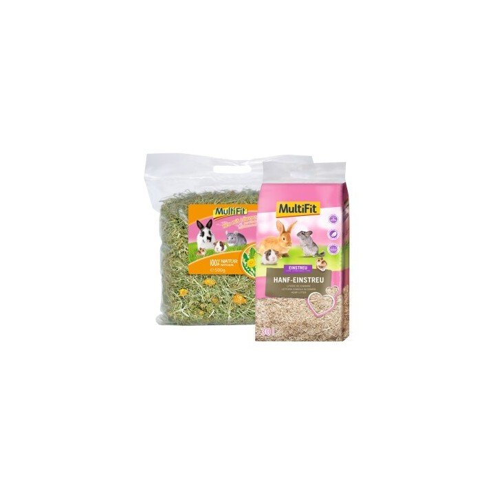 MultiFit Löwenzahnheu 500 g und Hanfstreu 30 L