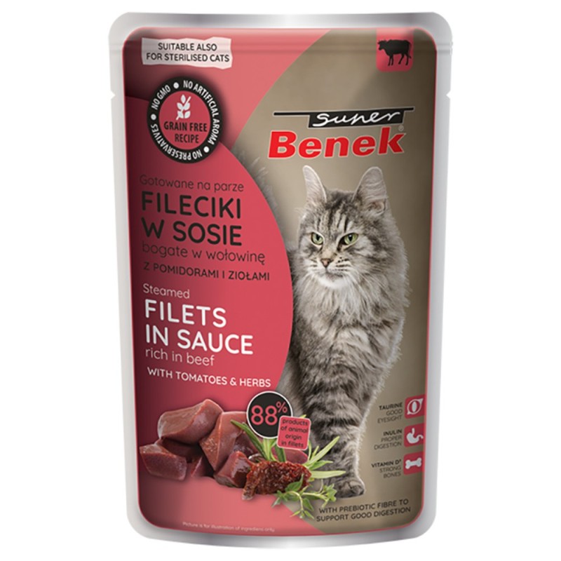 Super Benek Getreidefrei Gedämpfte Filets 28 x 85 g - Rind mit Tomaten in Sauce