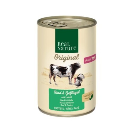 REAL NATURE Original Nassfutter Katze, Adult, Rind und Geflügel mit Leinöl 6x400 g