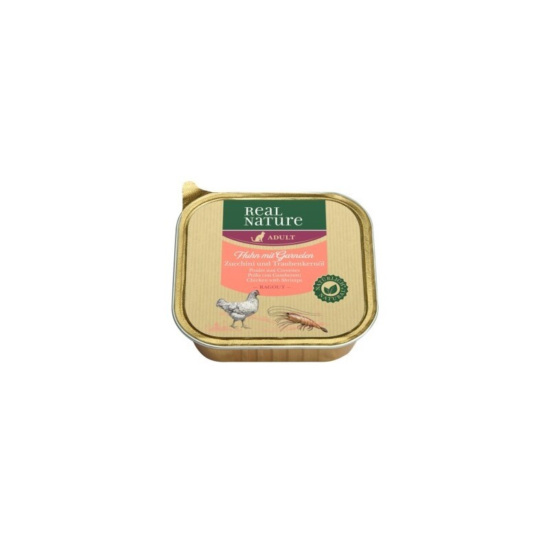 REAL NATURE Original Nassfutter für Katzen Adult 16x100 g Garnele & Huhn mit Zucchini & Traubenkernöl, Ragout