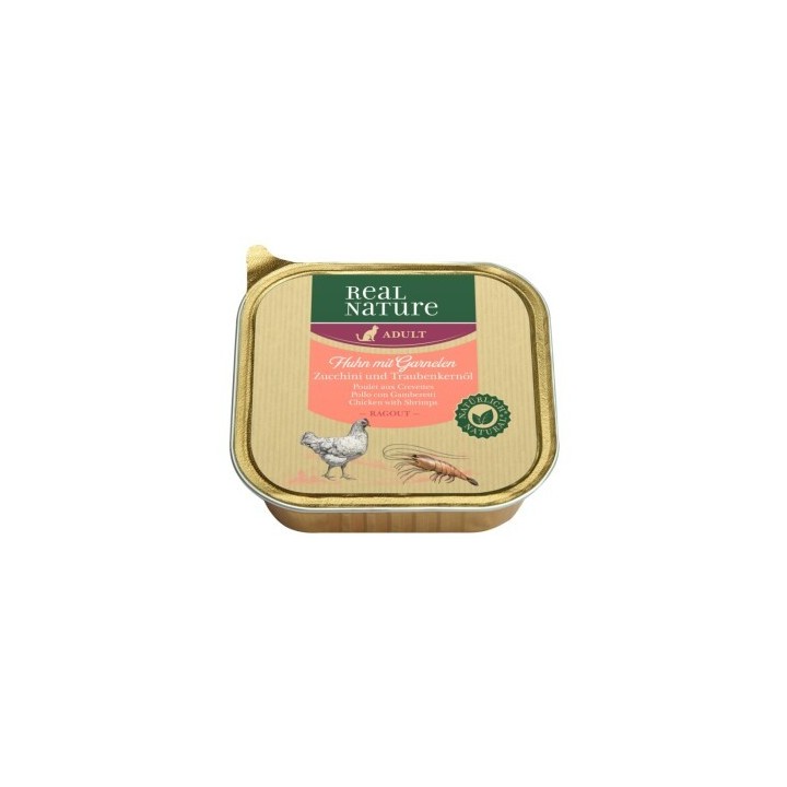 REAL NATURE Original Nassfutter für Katzen Adult 16x100 g Garnele & Huhn mit Zucchini & Traubenkernöl, Ragout