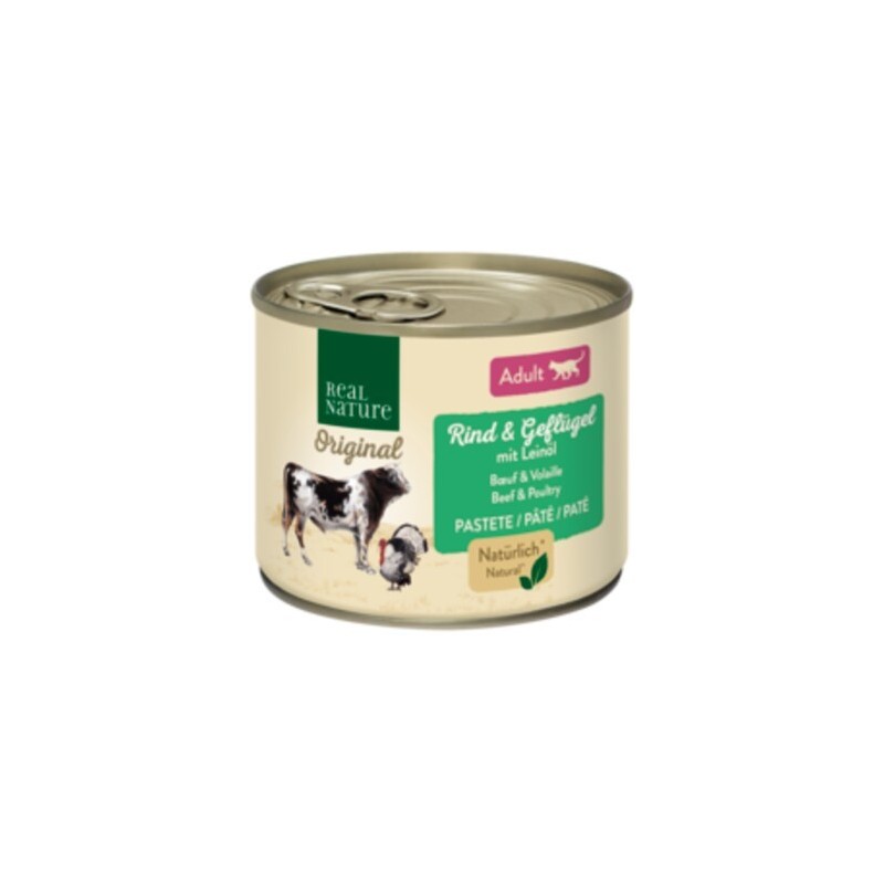 REAL NATURE Original Nassfutter Katze, Adult, Rind und Geflügel mit Leinöl 6x200 g