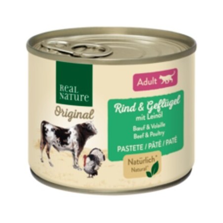 REAL NATURE Original Nassfutter Katze, Adult, Rind und Geflügel mit Leinöl 6x200 g