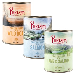 Purizon Original 24 x 400 g - getreidefrei - Mixpaket (12 x Lachs, 6 x Wildschwein, 6 x Lamm)