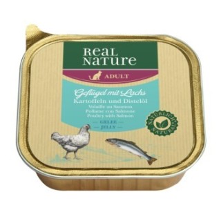 REAL NATURE Original Nassfutter für Katzen Adult 16x100 g Geflügel mit Lachs, Kartoffeln und Distelöl, in Gelee