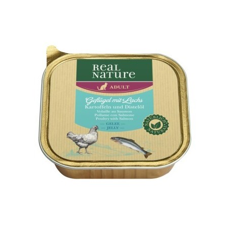 REAL NATURE Original Nassfutter für Katzen Adult 16x100 g Geflügel mit Lachs, Kartoffeln und Distelöl, in Gelee