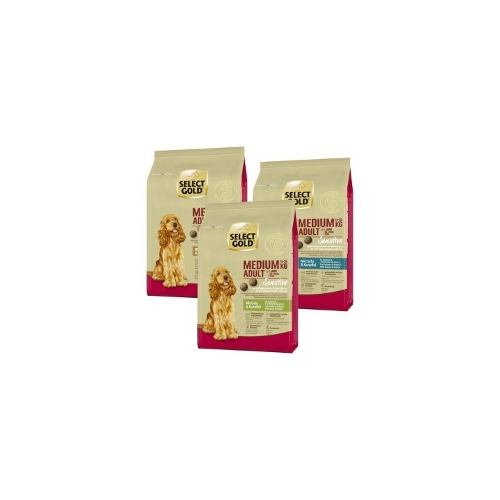 SELECT GOLD Sensitive Adult Medium Probierpaket 3x1kg Probierpaket 1, Lachs, Lamm, Ente