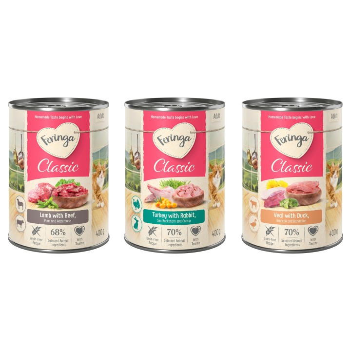 Feringa Classic Meat Menü 6 x 400 g  Mixpaket 2 (Kaninchen & Truthahn, Ente & Kalb, Lamm & Rind)