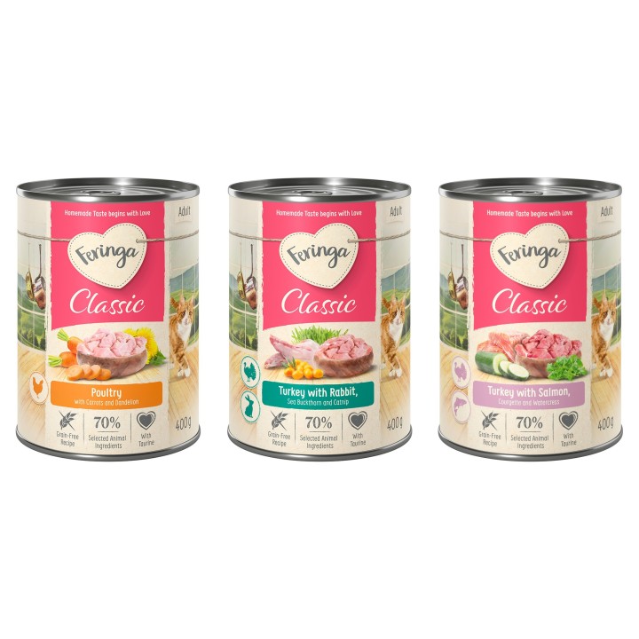 Feringa Classic Meat Menü 6 x 400 g  Mixpaket 1 (Kaninchen & Truthahn, Geflügel, Lachs & Truthahn)