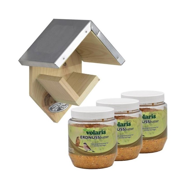 Eggersmann volaris - Erdnussbutter natur 3 x 350 g + Esschert Design Erdnussbutterhaus