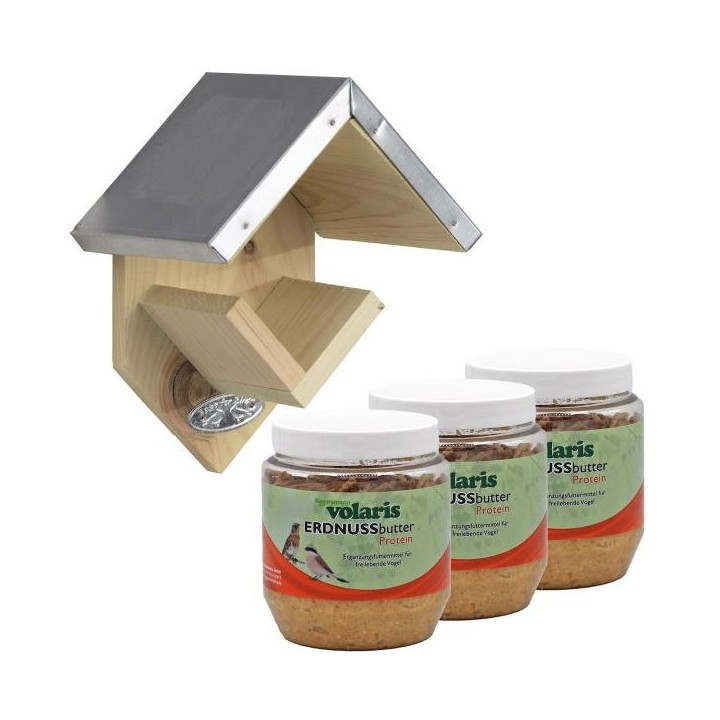 Eggersmann volaris - Erdnussbutter mit Insekten 3 x 350 g + Esschert Design Erdnussbutterhaus