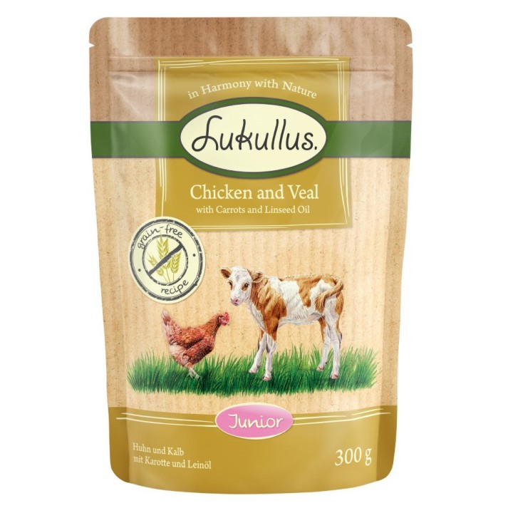 Lukullus Naturkost Junior Getreidefrei Frischebeutel 6 x 300 g - Huhn & Kalb