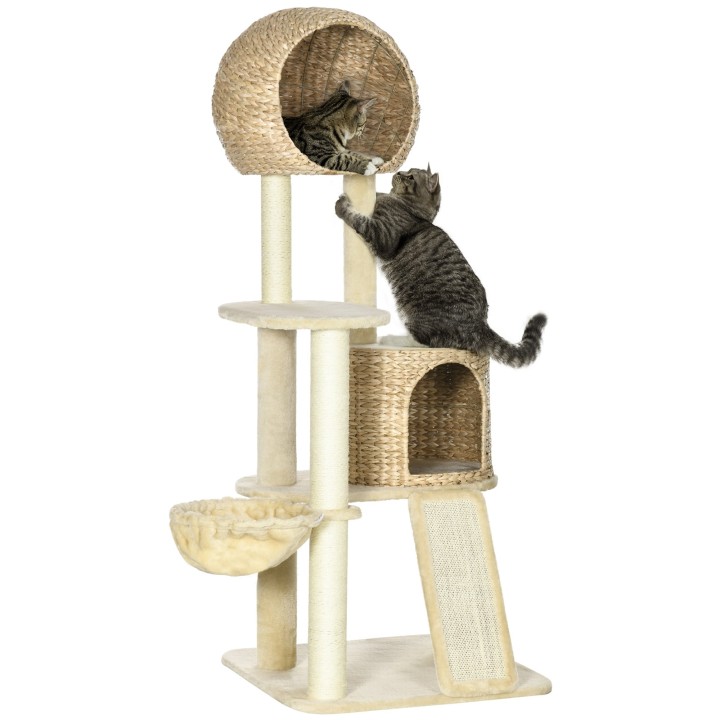 PawHut Kratzbaum katze Mit Katzenhaus aus Rattan, mehrere Plattformen, Hängematte & Rampe, Kippschutz, Plüsch, Beige, 60 x 60